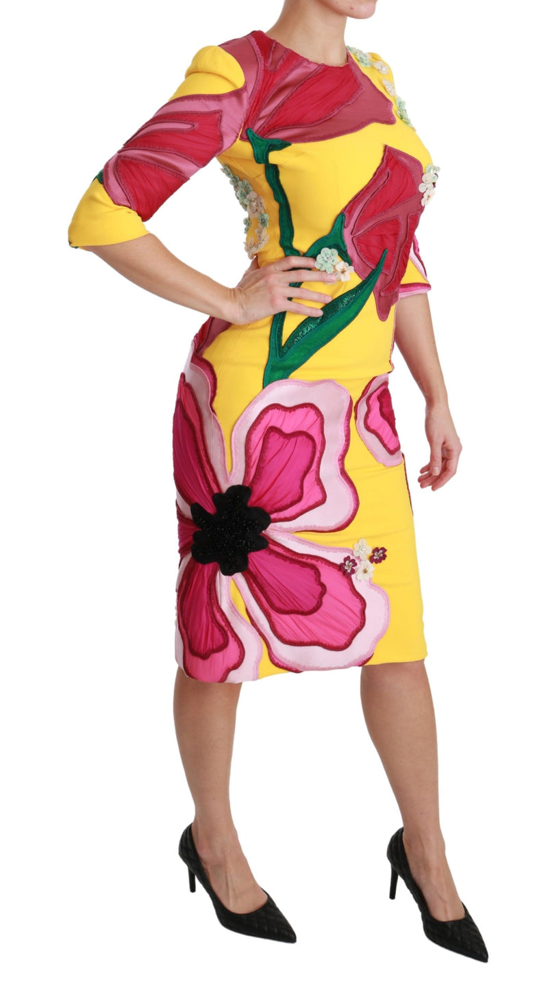 Robe fourreau moulante jaune à fleurs et cristaux Dolce &amp; Gabbana