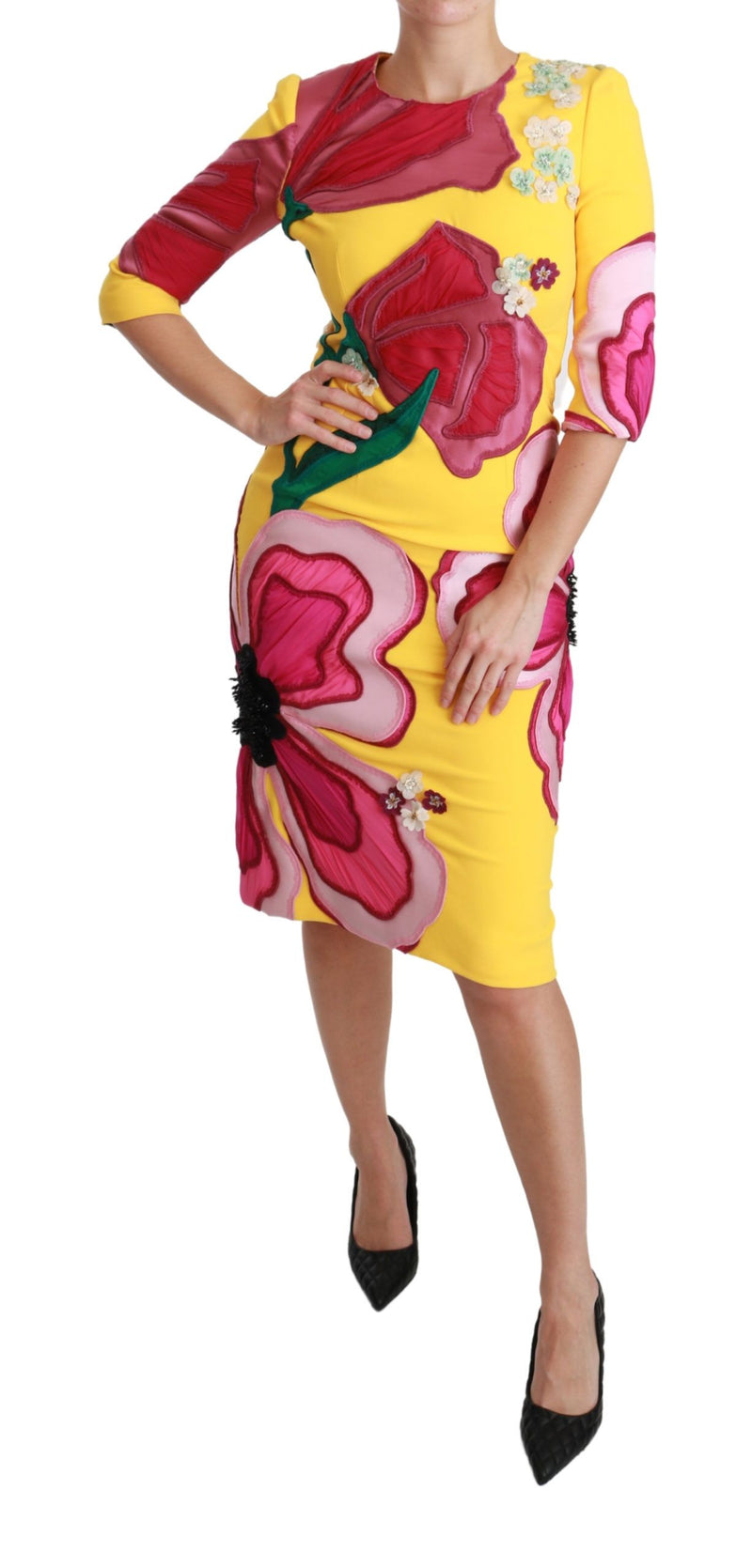 Robe fourreau moulante jaune à fleurs et cristaux Dolce &amp; Gabbana
