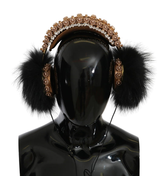 Dolce &amp; Gabbana Gold Black Crystal Fur Headset Audio Hoofdtelefoon