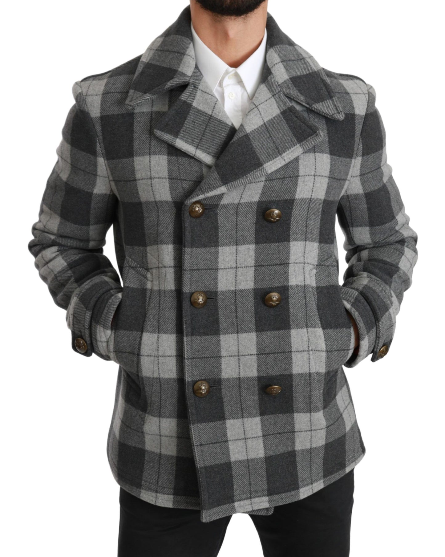 Dolce & Gabbana, manteau-veste en laine et cachemire à carreaux gris.