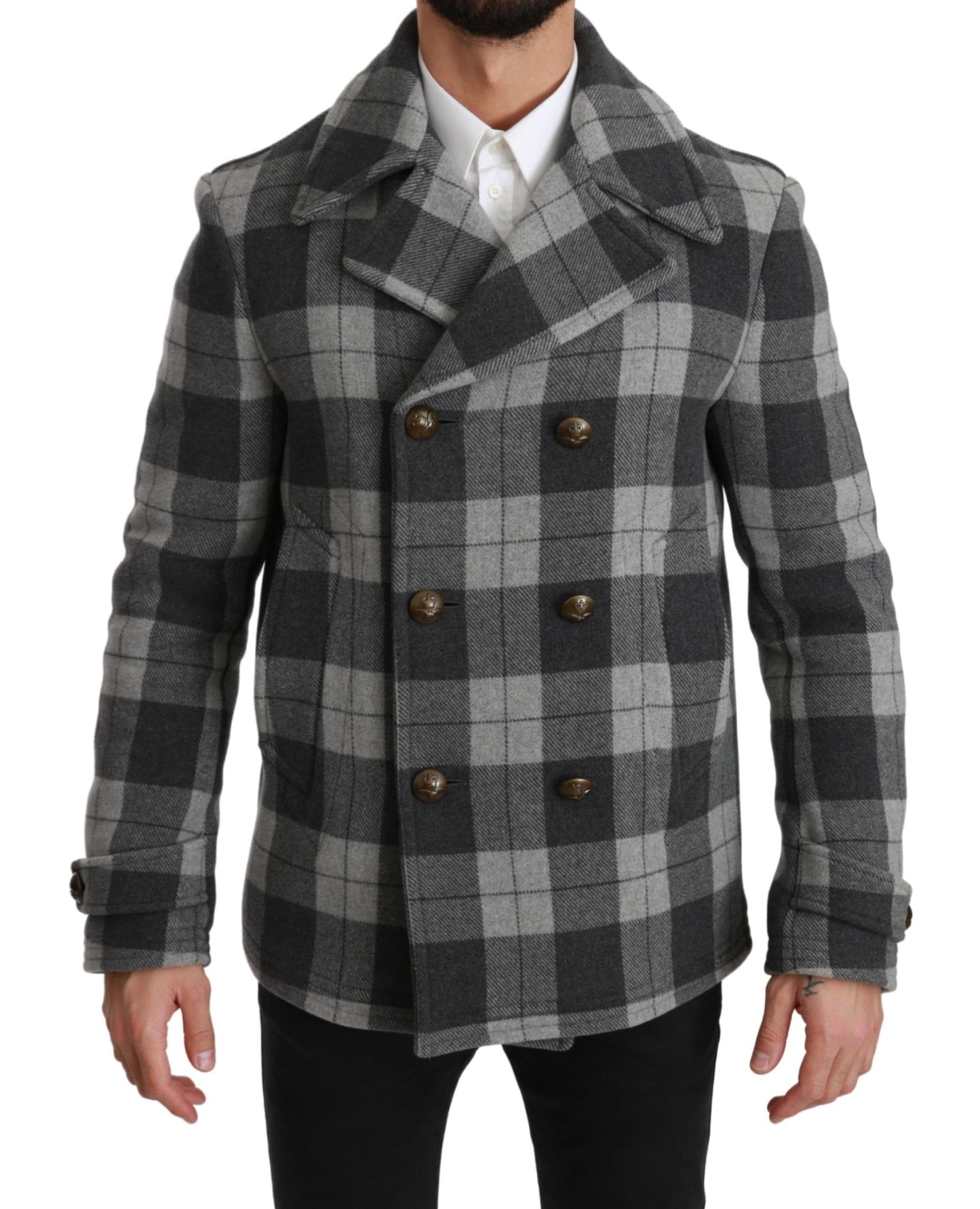 Dolce & Gabbana, manteau-veste en laine et cachemire à carreaux gris.