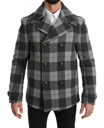 Dolce & Gabbana, manteau-veste en laine et cachemire à carreaux gris.