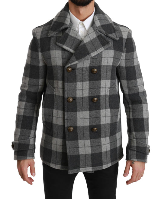 Dolce & Gabbana, manteau-veste en laine et cachemire à carreaux gris.