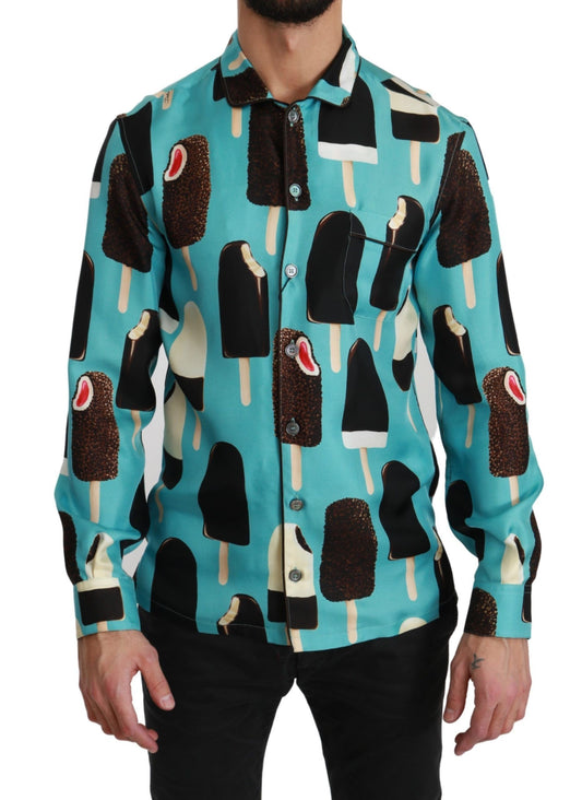 Chemise décontractée en soie bleue à imprimé crème glacée de Dolce & Gabbana