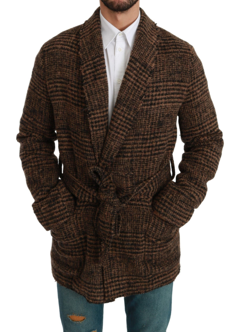 Robe-manteau portefeuille en laine à carreaux marron Dolce & Gabbana