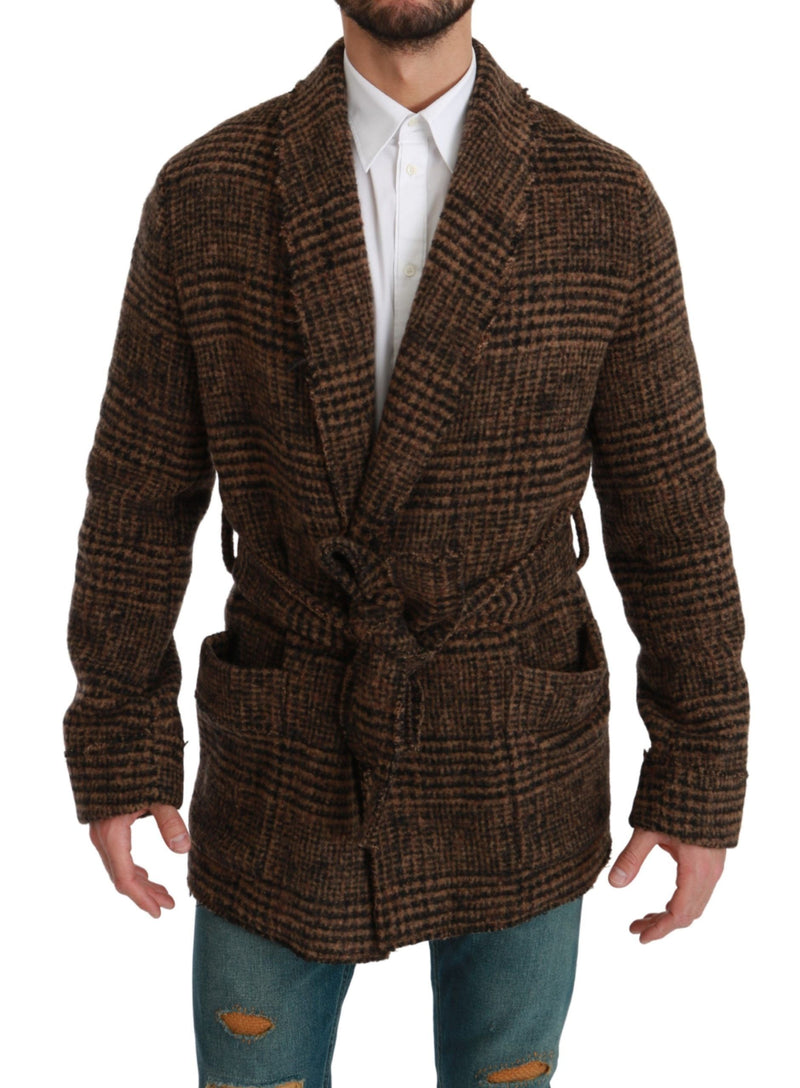 Robe-manteau portefeuille en laine à carreaux marron Dolce & Gabbana