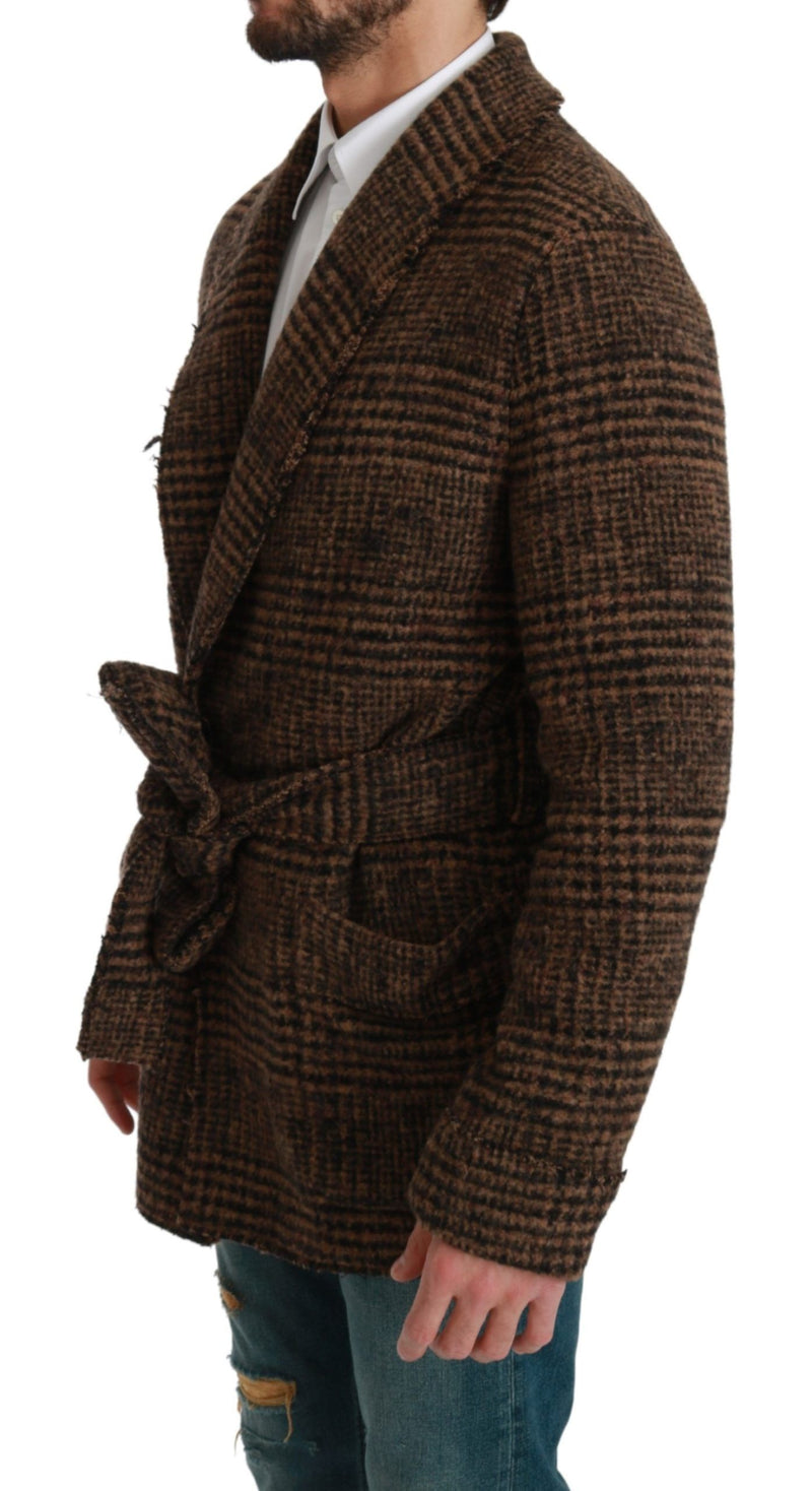 Robe-manteau portefeuille en laine à carreaux marron Dolce & Gabbana