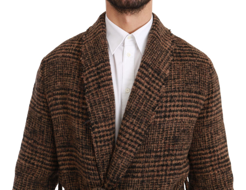 Robe-manteau portefeuille en laine à carreaux marron Dolce & Gabbana