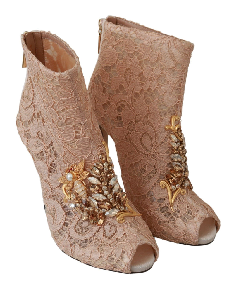Bottines à talons aiguilles Dolce &amp; Gabbana en dentelle rose et cristal