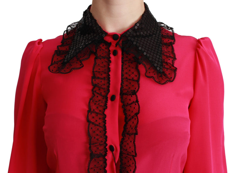 Chemisier Dolce &amp; Gabbana rose en soie noire à sequins et dentelle.