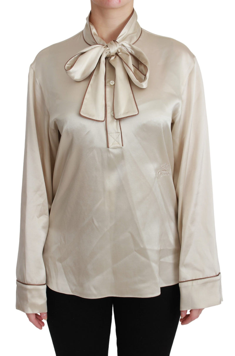 Dolce &amp; Gabbana Chemisier beige à manches longues Queen en satin de soie
