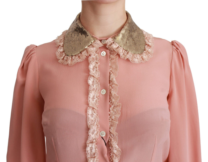 Chemisier Dolce &amp; Gabbana rose en soie et dentelle à sequins dorés