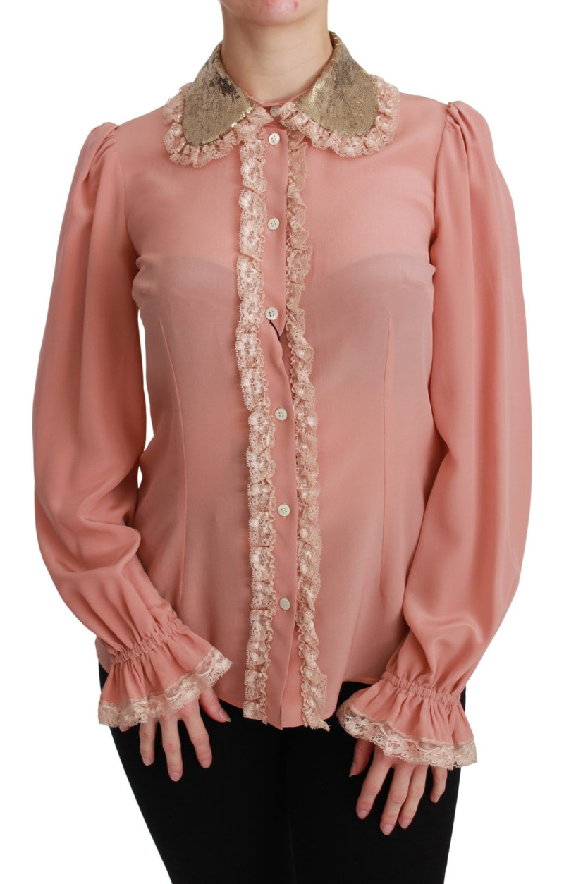 Chemisier Dolce &amp; Gabbana rose en soie et dentelle à sequins dorés