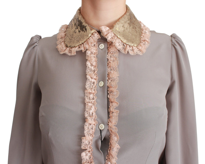 Chemisier Dolce &amp; Gabbana en soie grise, dentelle et sequins dorés