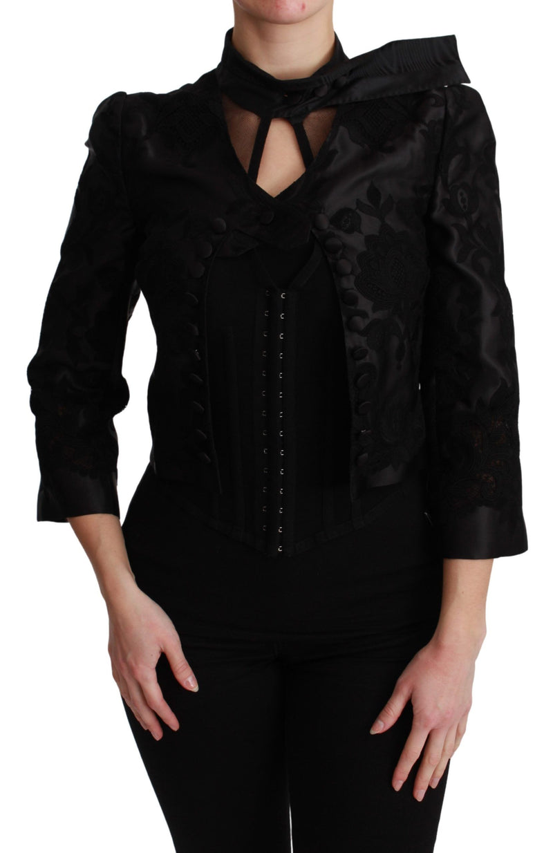 Veste blazer en soie jacquard à motif floral noir Dolce &amp; Gabbana