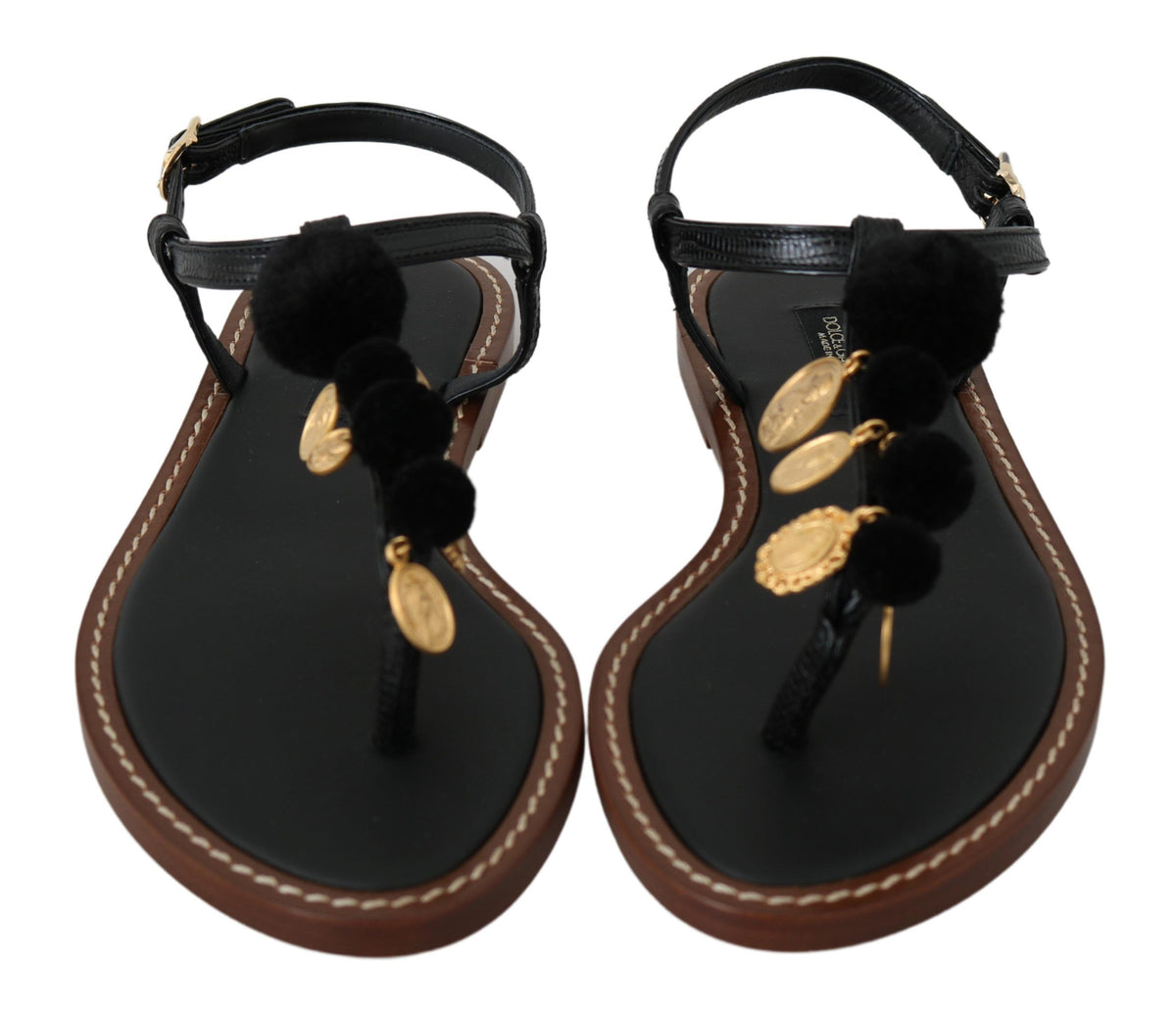 Sandales tongs en cuir noir avec des pièces de monnaie Dolce &amp; Gabbana