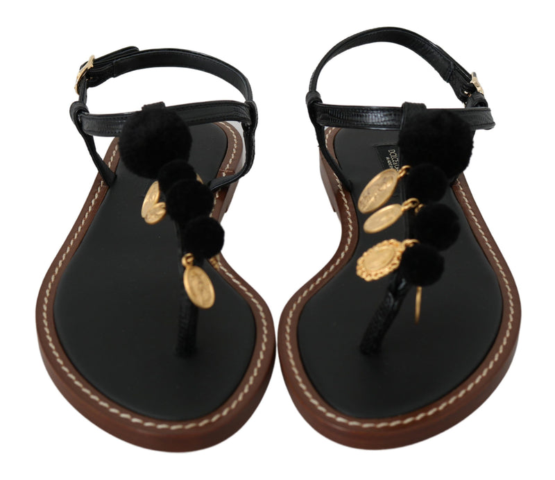 Sandales tongs en cuir noir avec des pièces de monnaie Dolce &amp; Gabbana