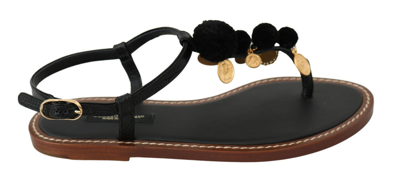 Sandales tongs en cuir noir avec des pièces de monnaie Dolce &amp; Gabbana