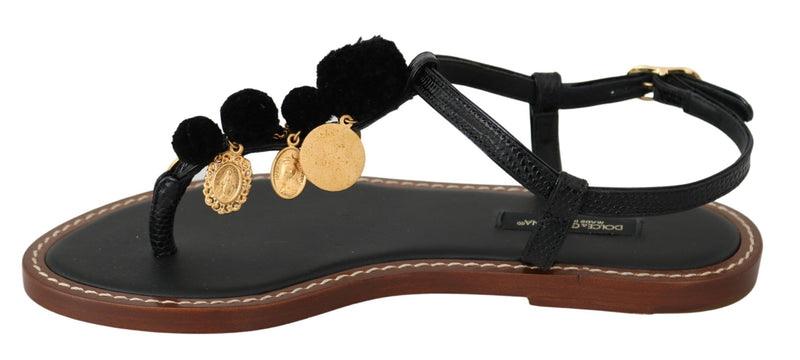 Sandales tongs en cuir noir avec des pièces de monnaie Dolce &amp; Gabbana