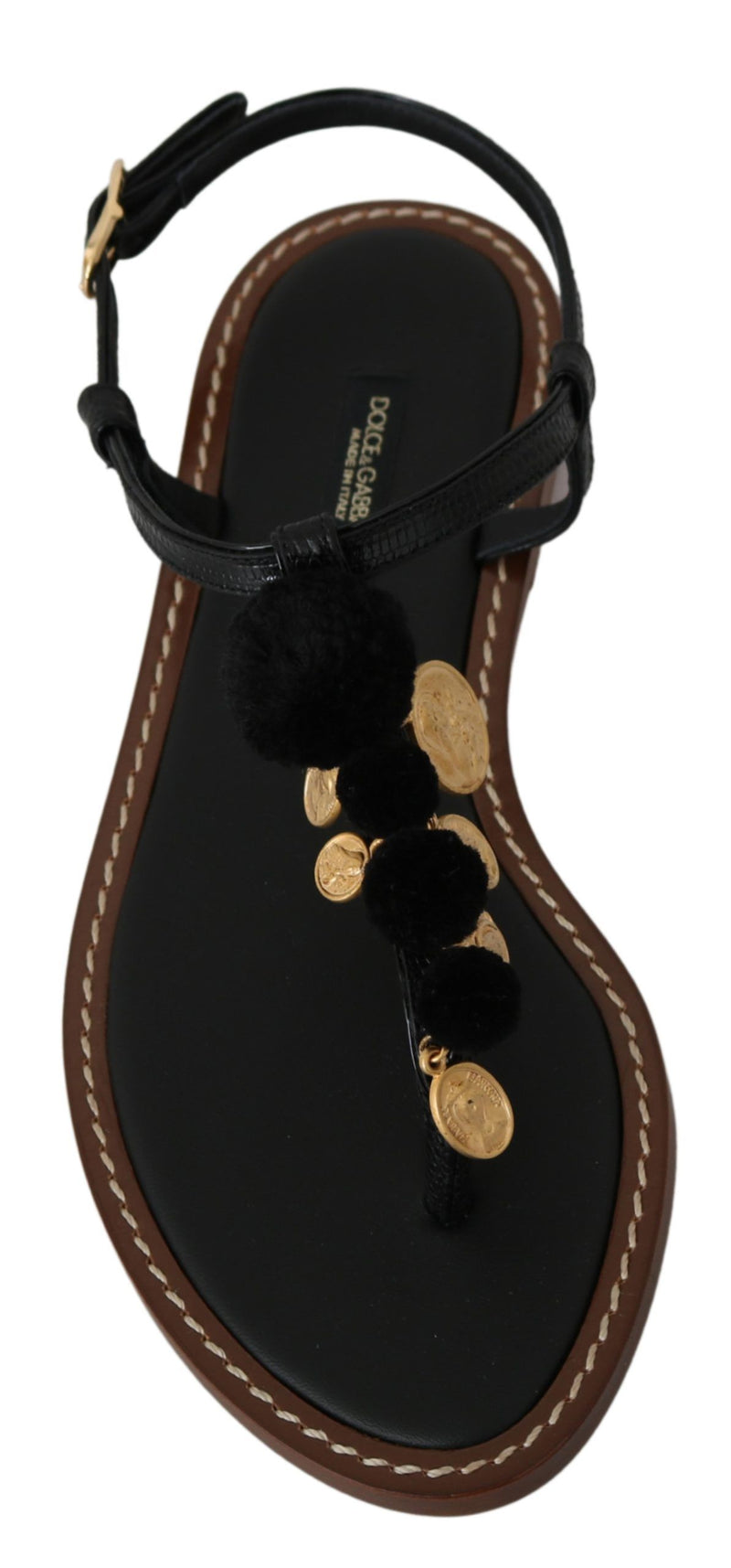 Sandales tongs en cuir noir avec des pièces de monnaie Dolce &amp; Gabbana
