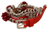 Ceinture Dolce &amp; Gabbana en cuir rouge à fleurs roses argentées