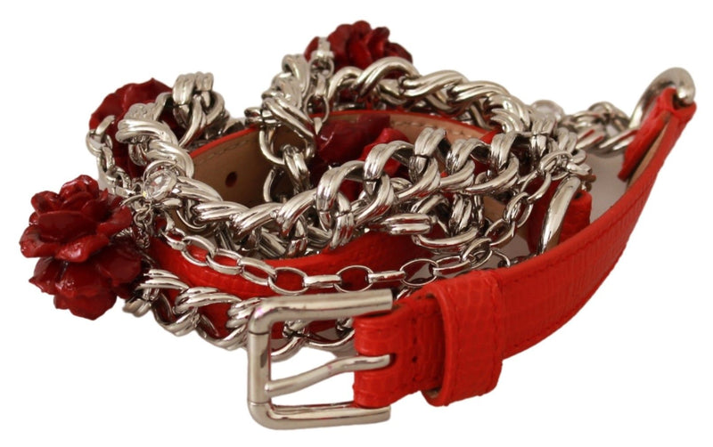 Ceinture Dolce &amp; Gabbana en cuir rouge à fleurs roses argentées