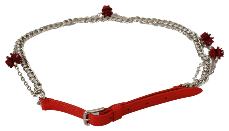 Ceinture Dolce &amp; Gabbana en cuir rouge à fleurs roses argentées