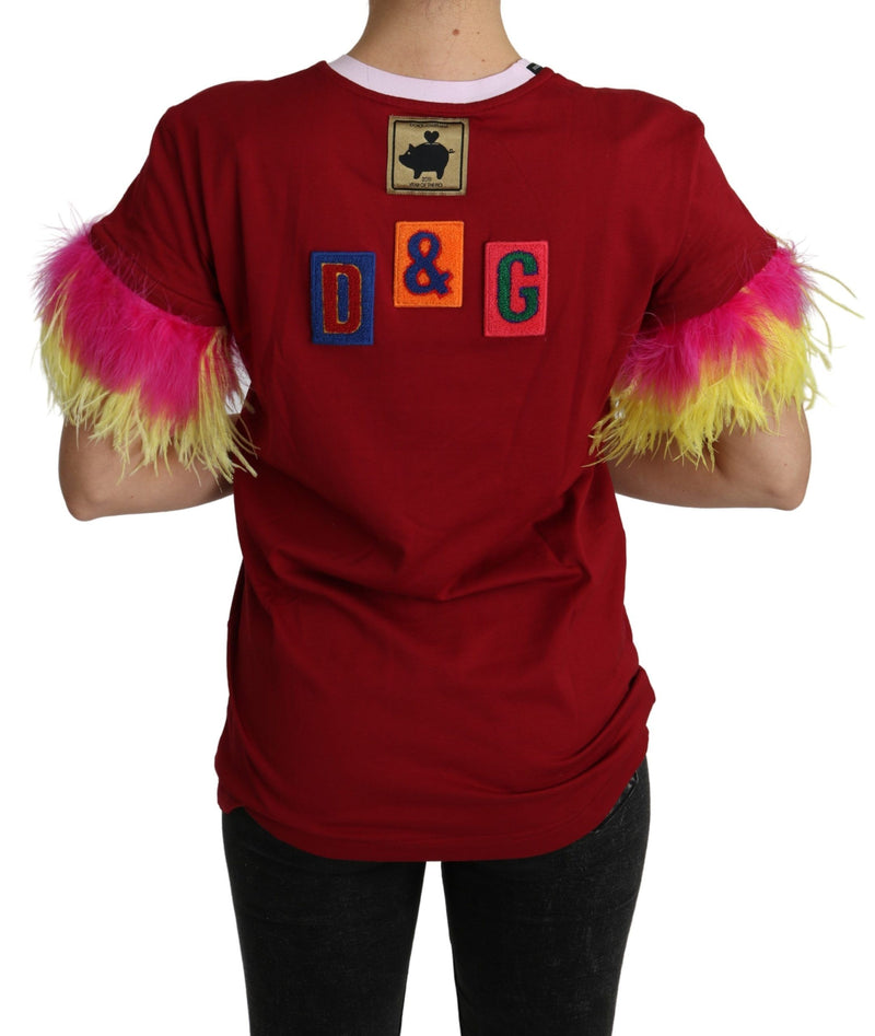 Top en t-shirt Dolce &amp; Gabbana rouge à imprimé porc et manches à plumes