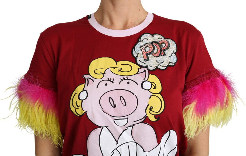 Top en t-shirt Dolce &amp; Gabbana rouge à imprimé porc et manches à plumes
