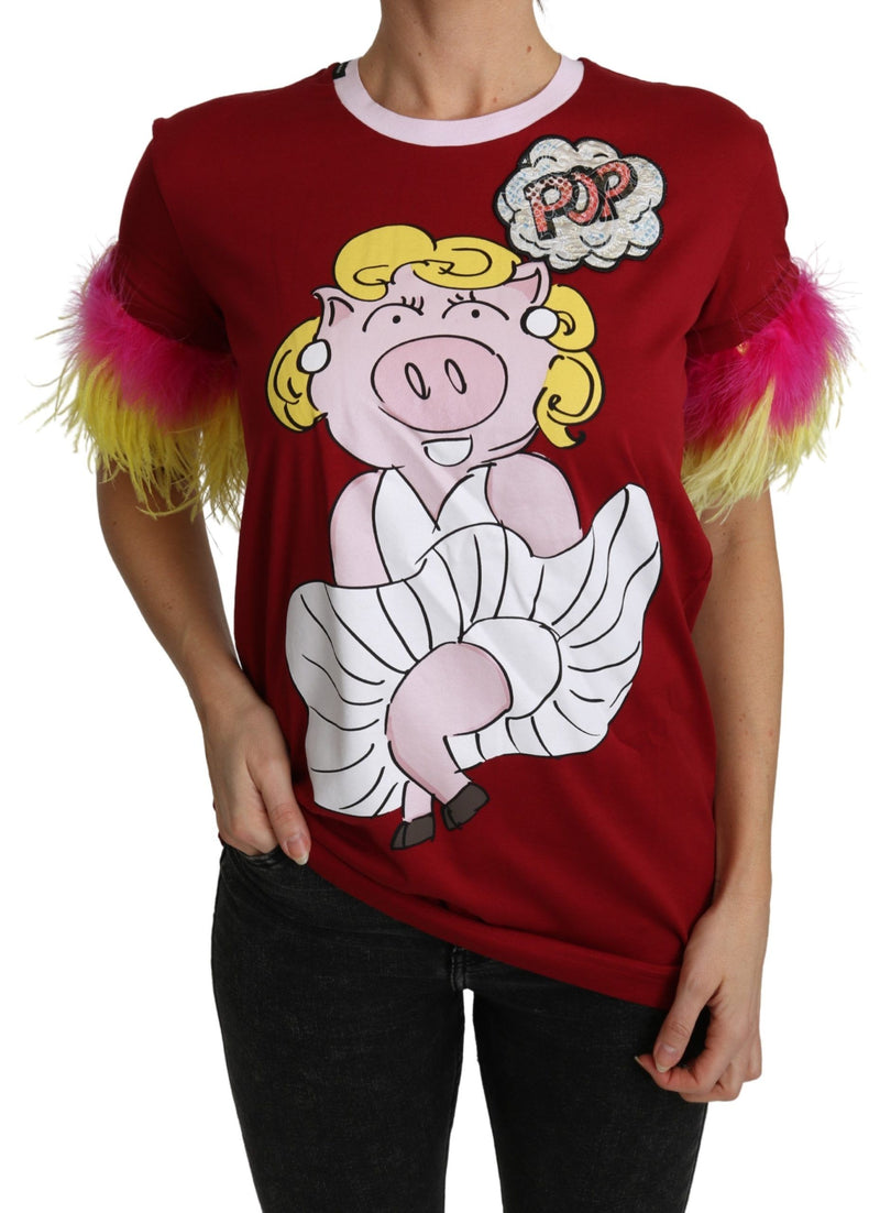 Top en t-shirt Dolce &amp; Gabbana rouge à imprimé porc et manches à plumes