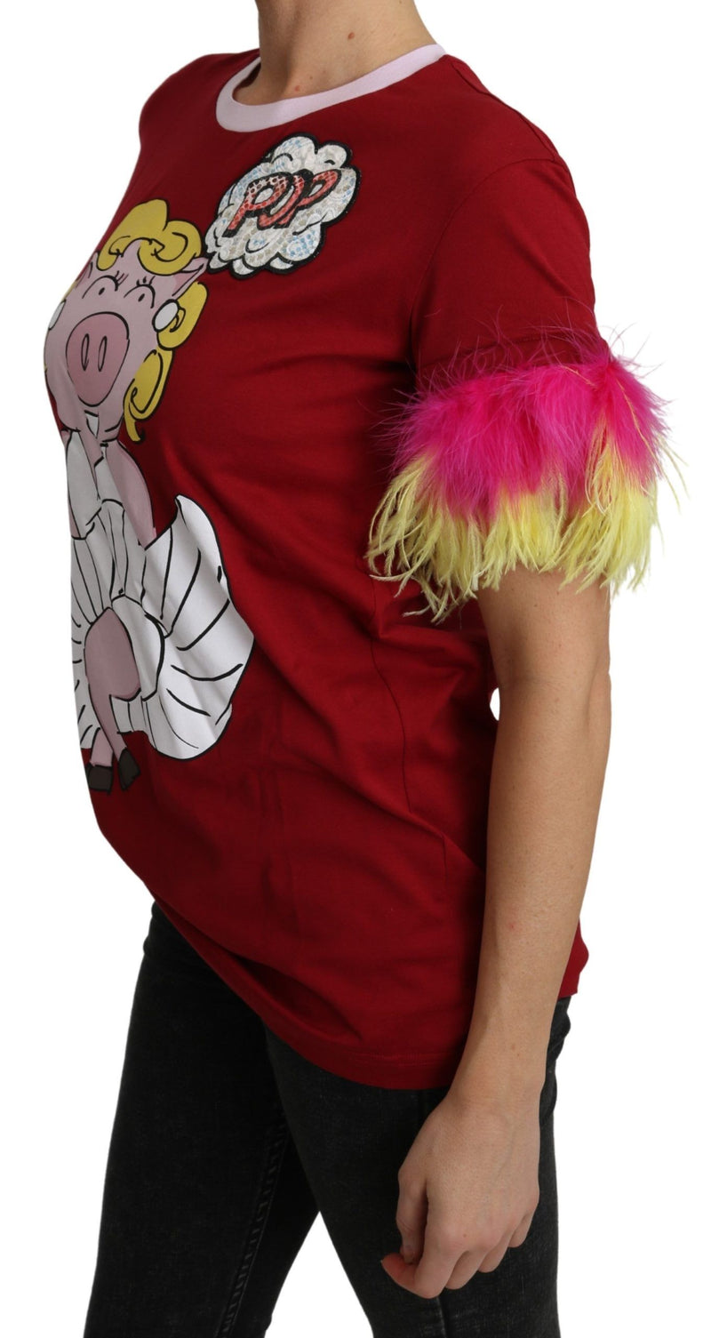 Top en t-shirt Dolce &amp; Gabbana rouge à imprimé porc et manches à plumes