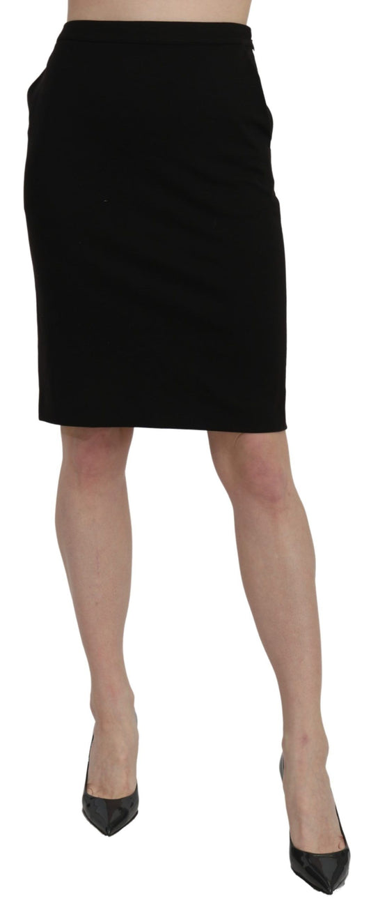 Jupe formelle noire taille haute, crayon, longueur genou, GF Ferre.