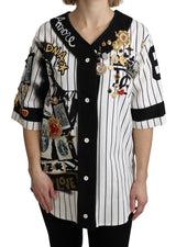 Blouse Dolce &amp; Gabbana blanche et noire en coton, brodée de cristaux, motif Amore.