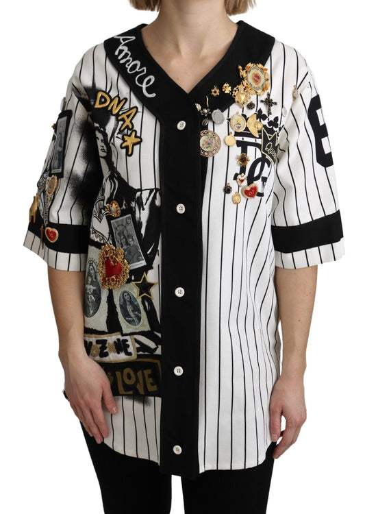 Blouse Dolce &amp; Gabbana blanche et noire en coton, brodée de cristaux, motif Amore.