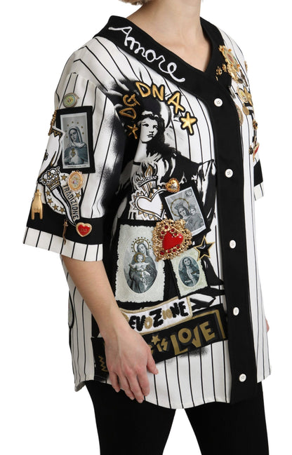 Blouse Dolce &amp; Gabbana blanche et noire en coton, brodée de cristaux, motif Amore.