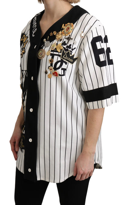 Blouse Dolce &amp; Gabbana blanche et noire en coton, brodée de cristaux, motif Amore.
