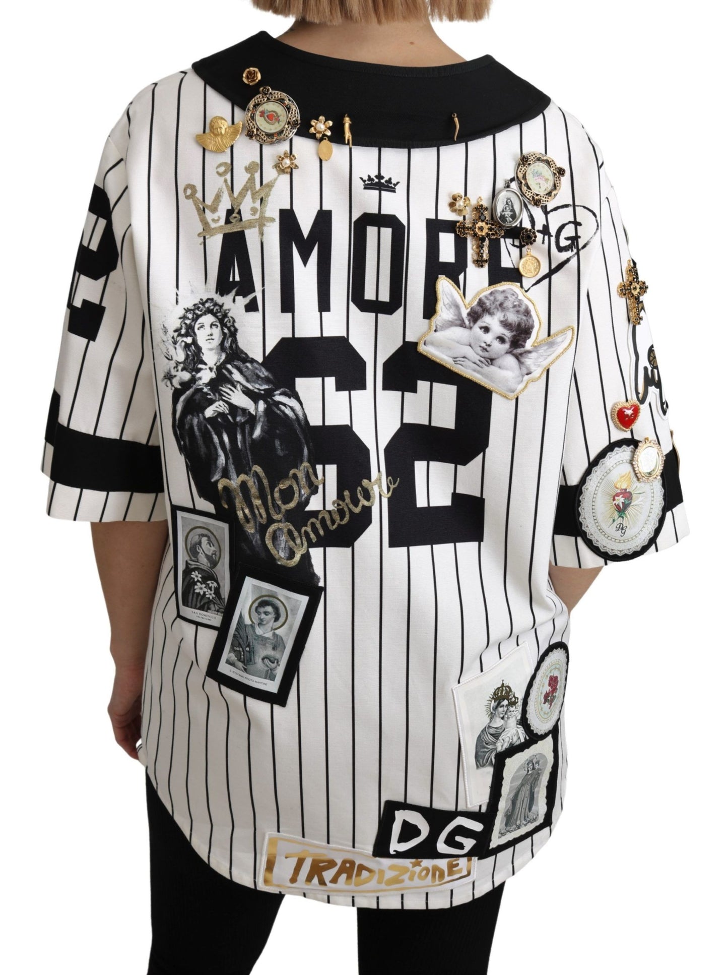 Blouse Dolce &amp; Gabbana blanche et noire en coton, brodée de cristaux, motif Amore.