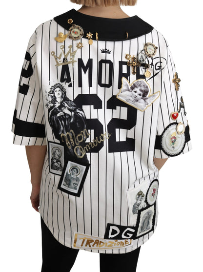 Blouse Dolce &amp; Gabbana blanche et noire en coton, brodée de cristaux, motif Amore.