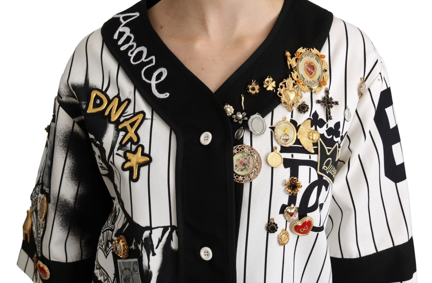 Blouse Dolce &amp; Gabbana blanche et noire en coton, brodée de cristaux, motif Amore.
