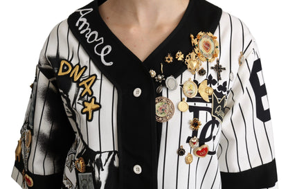 Blouse Dolce &amp; Gabbana blanche et noire en coton, brodée de cristaux, motif Amore.
