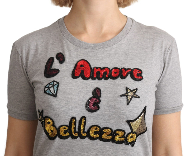 T-shirt Dolce &amp; Gabbana en coton gris, motif Amore e Bellezza.