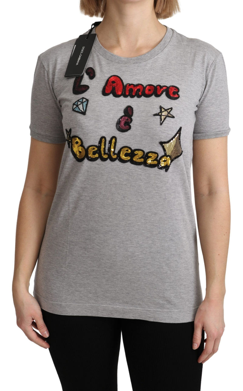 T-shirt Dolce &amp; Gabbana en coton gris, motif Amore e Bellezza.