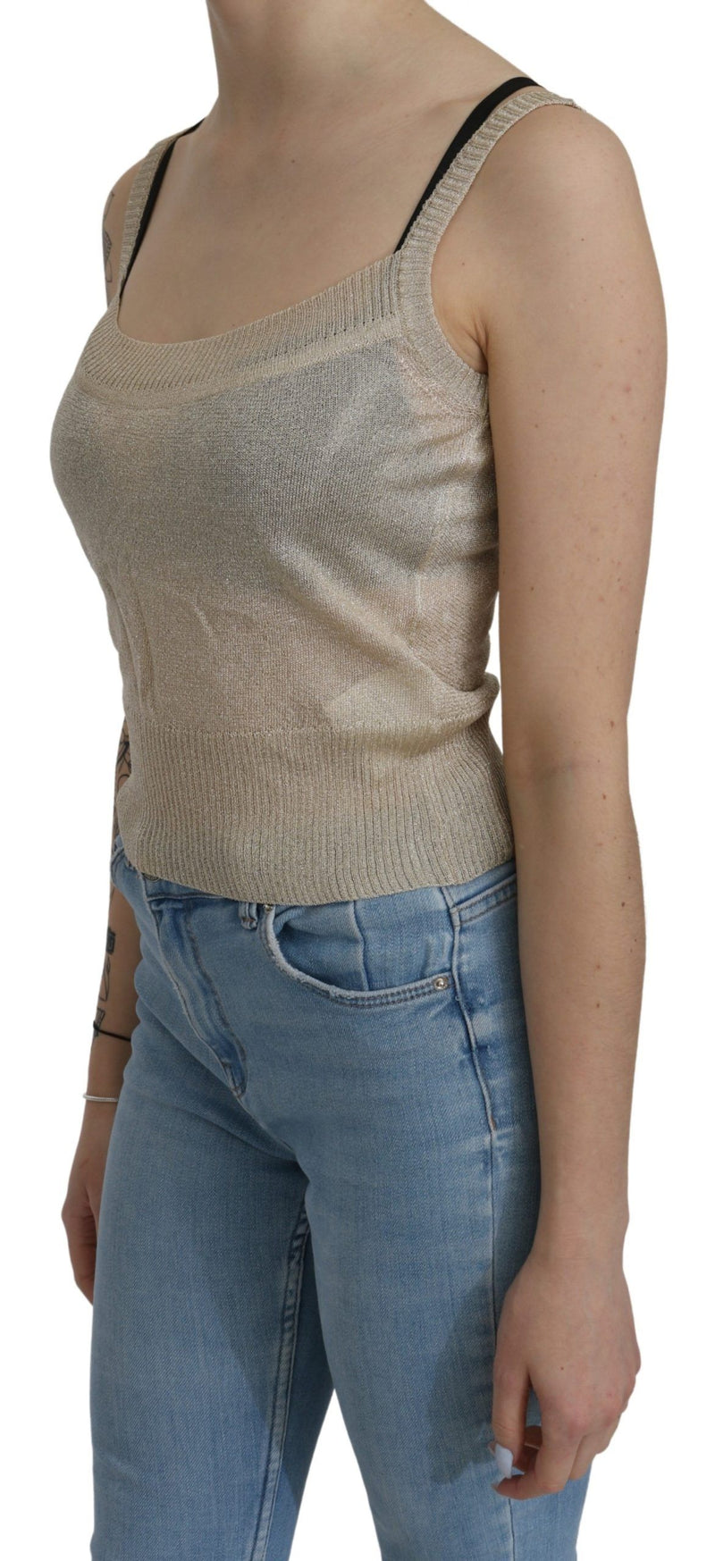 BYBLOS Haut beige sans manches, dos nu, avec fines bretelles, en tissu transparent.