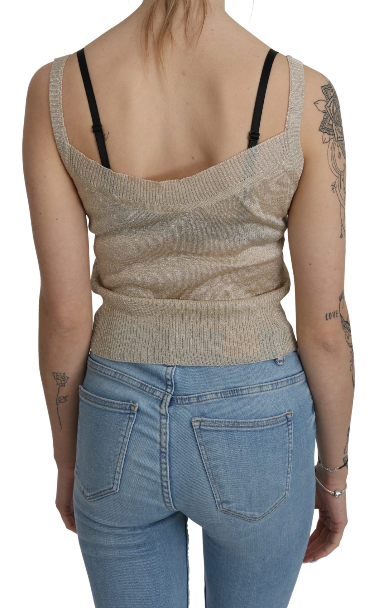 BYBLOS Haut beige sans manches, dos nu, avec fines bretelles, en tissu transparent.