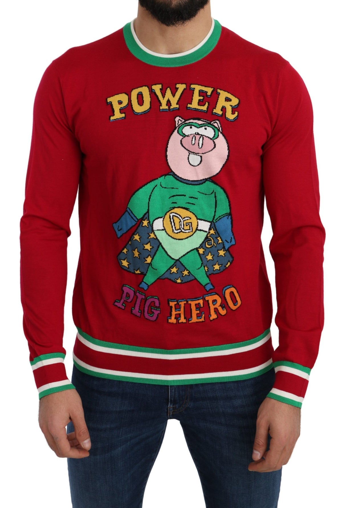 Pull en laine et soie rouge Dolce &amp; Gabbana représentant le cochon de l'année