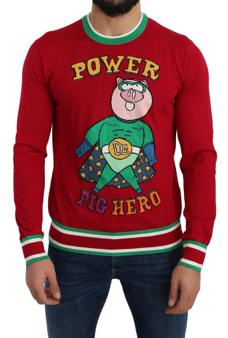 Pull en laine et soie rouge Dolce &amp; Gabbana représentant le cochon de l'année