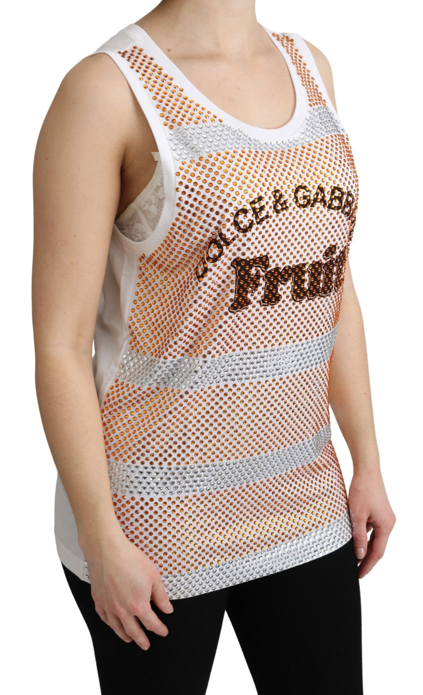 Dolce & Gabbana wit-oranje kristallen, mouwloze katoenen tanktop