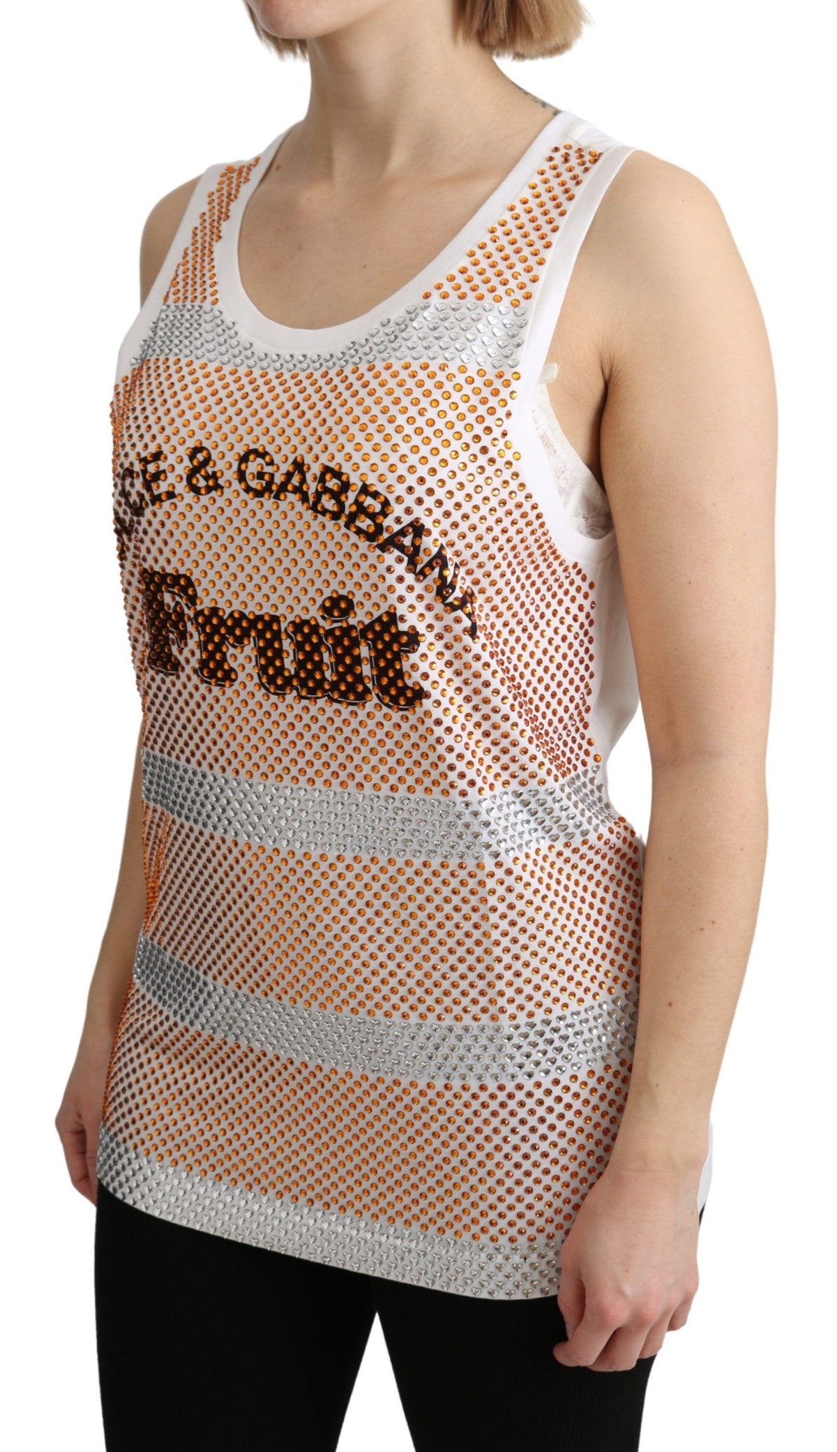 Haut en coton sans manches Dolce &amp; Gabbana blanc et orange avec cristaux
