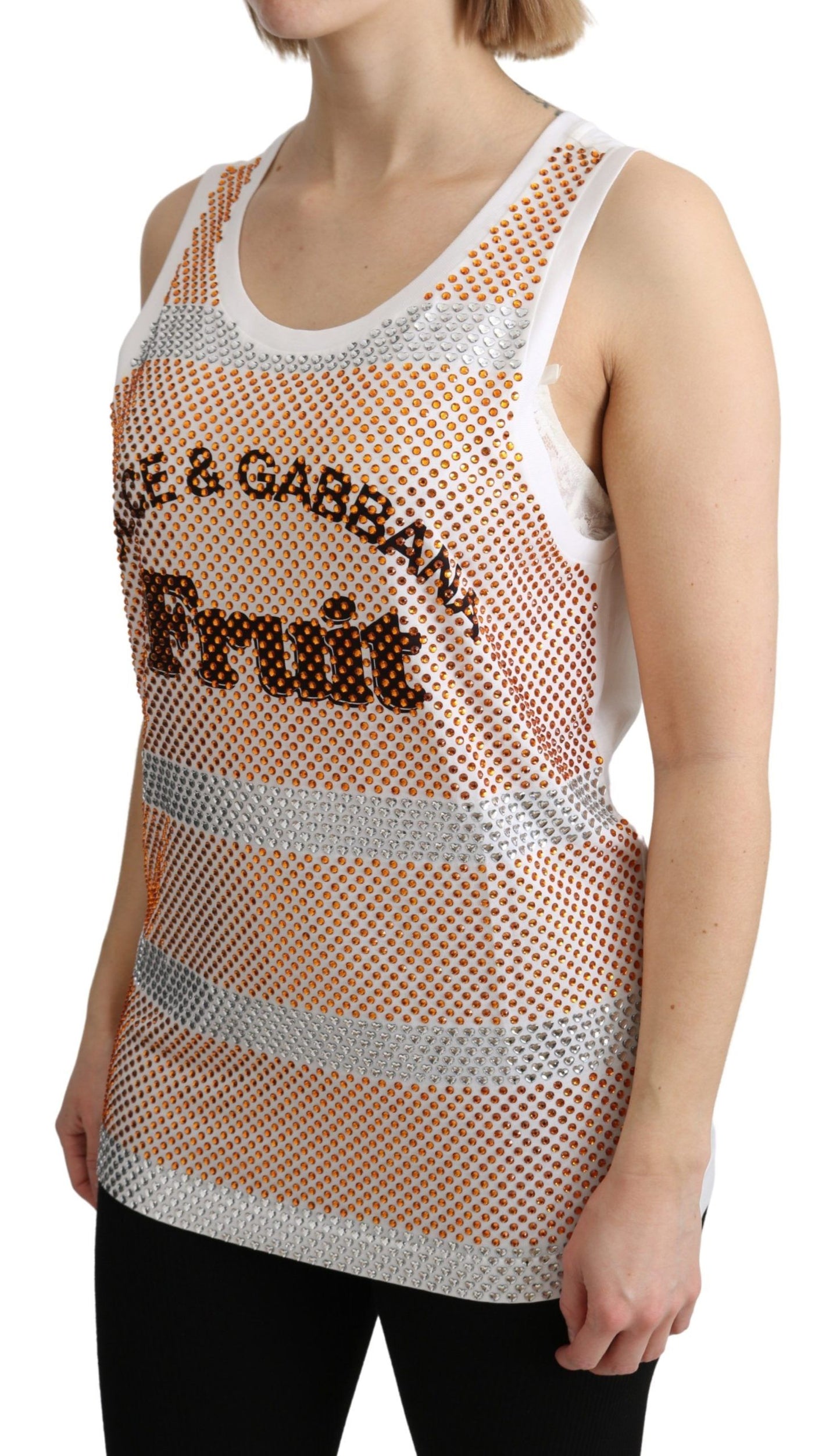Dolce & Gabbana wit-oranje kristallen, mouwloze katoenen tanktop
