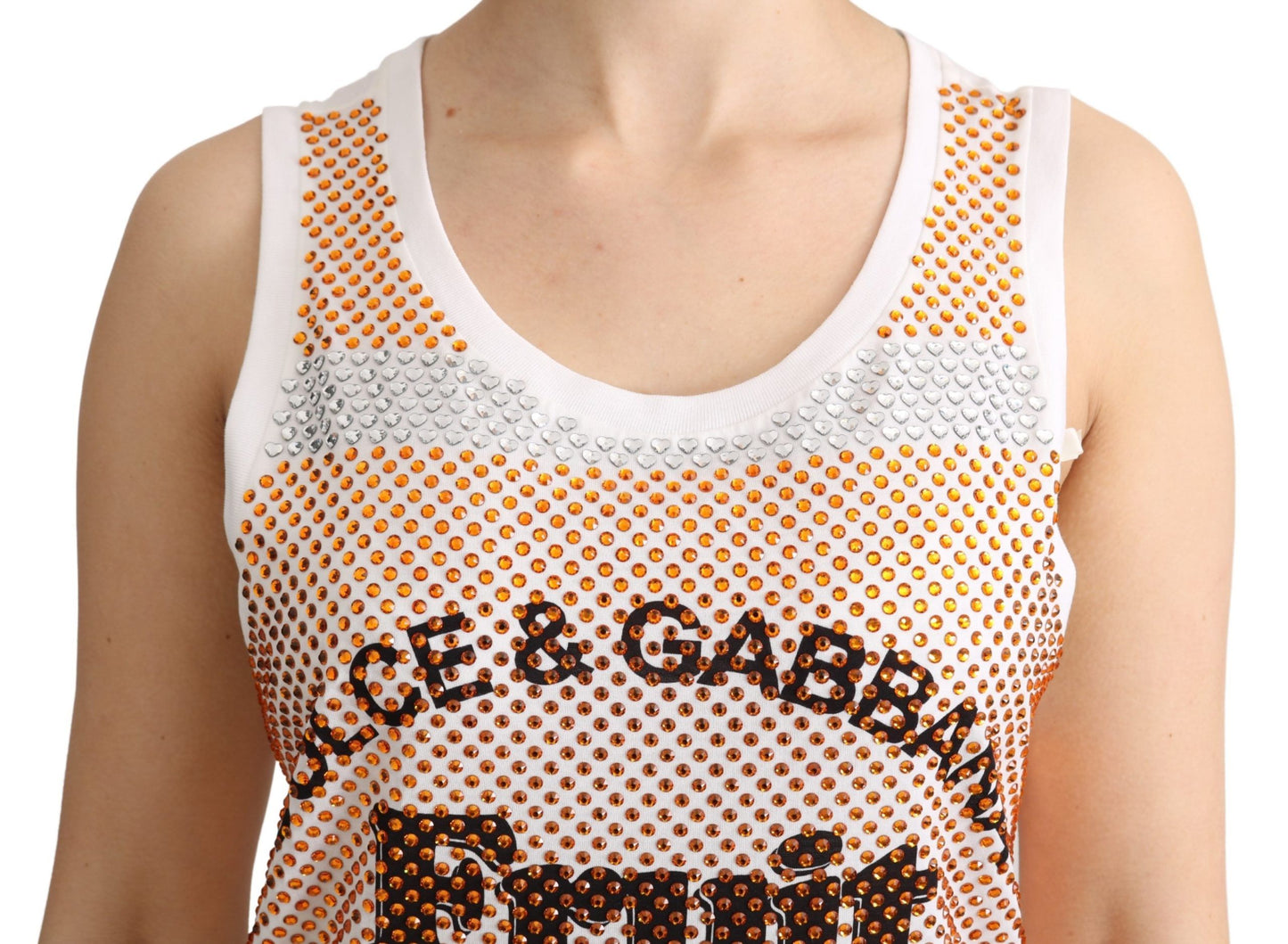 Dolce & Gabbana wit-oranje kristallen, mouwloze katoenen tanktop